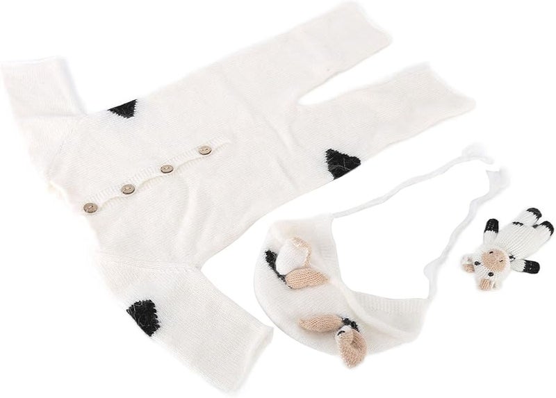 White Newborn Photography Suit Knitted Jumpsuit Hat Toy Baby Photo Shoot Outfit 0 3 Months - Image 2